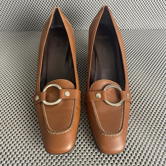 Coach Kitten Heels Womens 10 B Brown Leather Square Toe Made In Italy - Picture 1 of 14